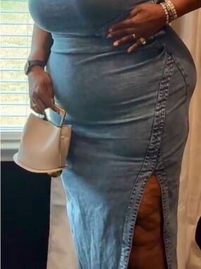 Fashion Nova Denim Blue Bodycon Midi Dress with Front Slit